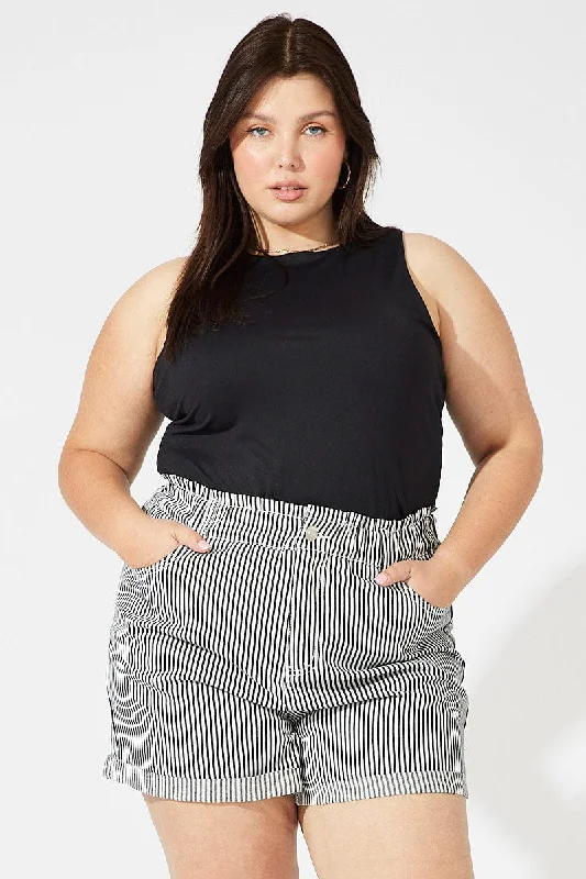 Black Stripe Relaxed Shorts High Rise