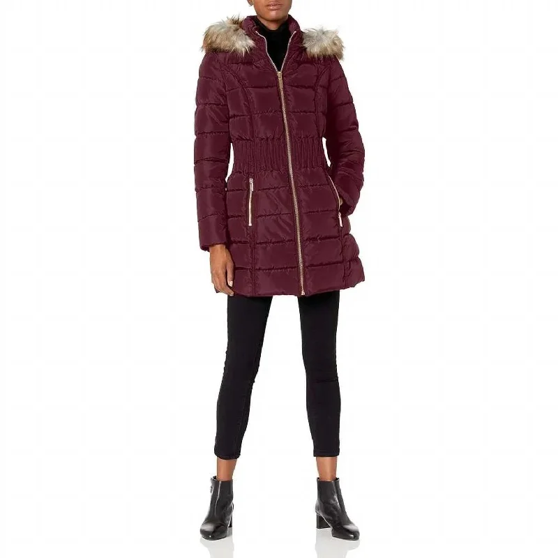 3/4 Puffer Zig Zag Cinched Waist Faux Fur Trim Hood Jacket In Port Royal