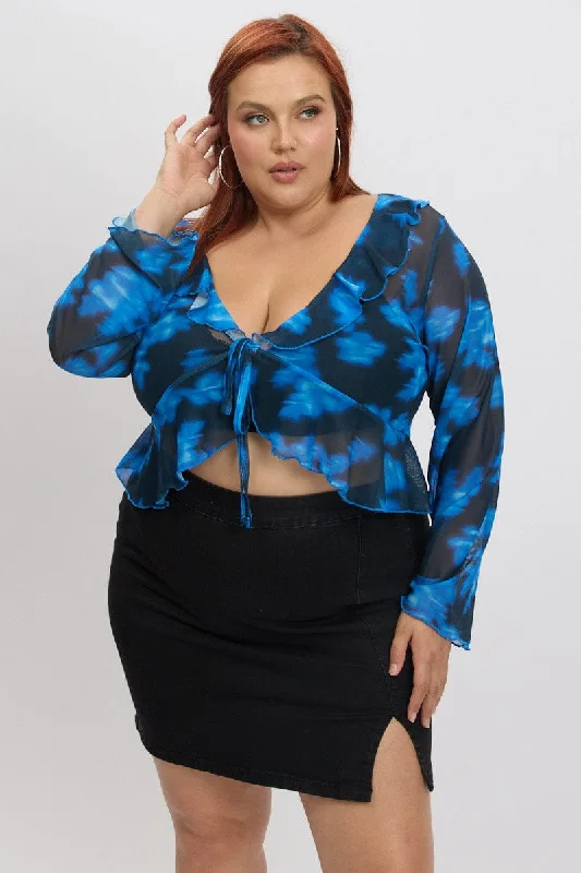 Blue Abstract Mesh Frill Bolero Jacket