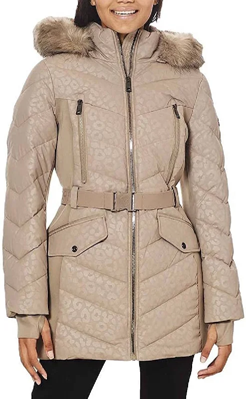 Michael Michael Kors Women's Logo Lepaord Belted Hood Puffer Coat Taupe