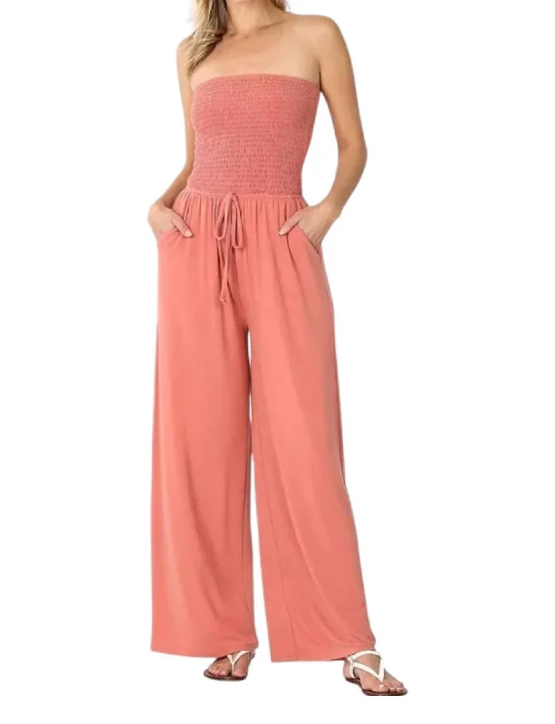 Smocked Romper Pants Suit In Coral