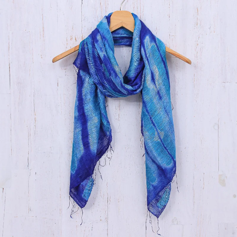 Summer Ocean Batik Printed Blue Silk Scarf