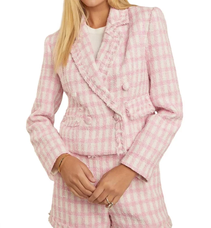 Textured Double Breasted Blazer In Pink/white