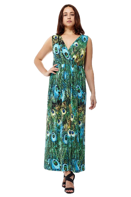 La Cera Peacock Printed Sleevless Maxi Dress